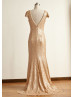 Cap Sleeves Champagne Sequin V Back Affordable Bridesmaid Dress
